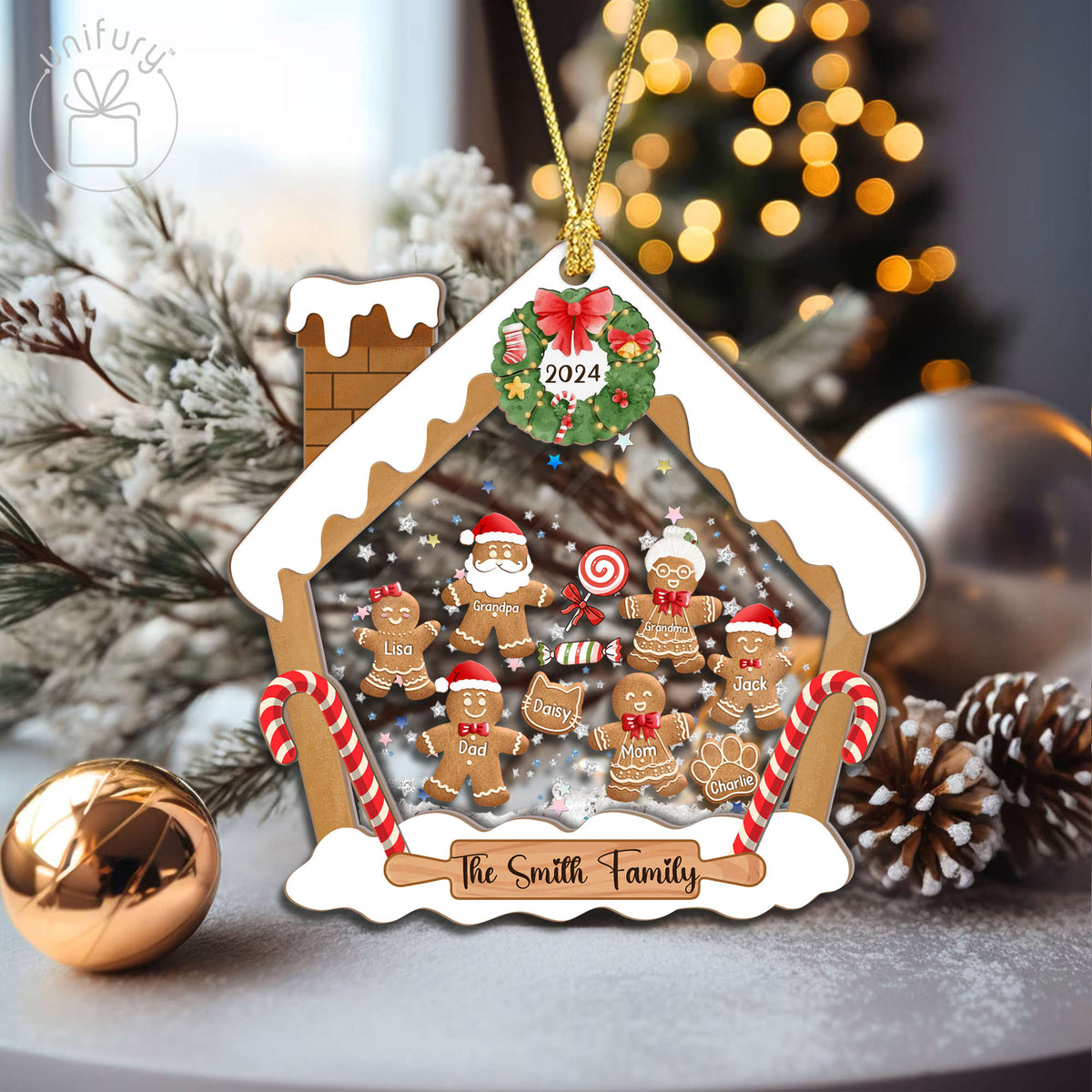 Gingerbread House Family With Pet 4D Shaker Ornament