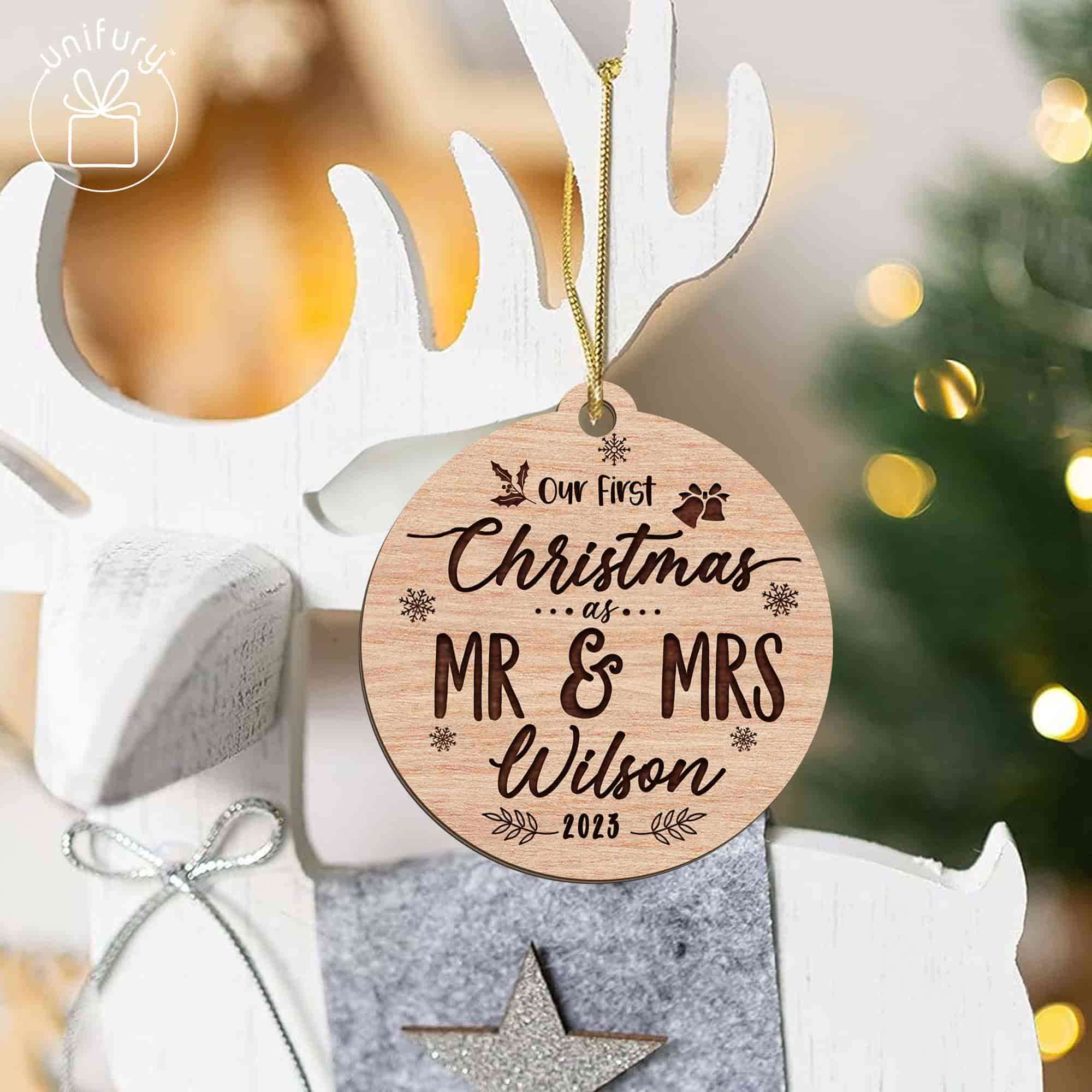 Dried Floral Wood Ornament- First Christmas as Mr and Mrs – Pixels and Wood