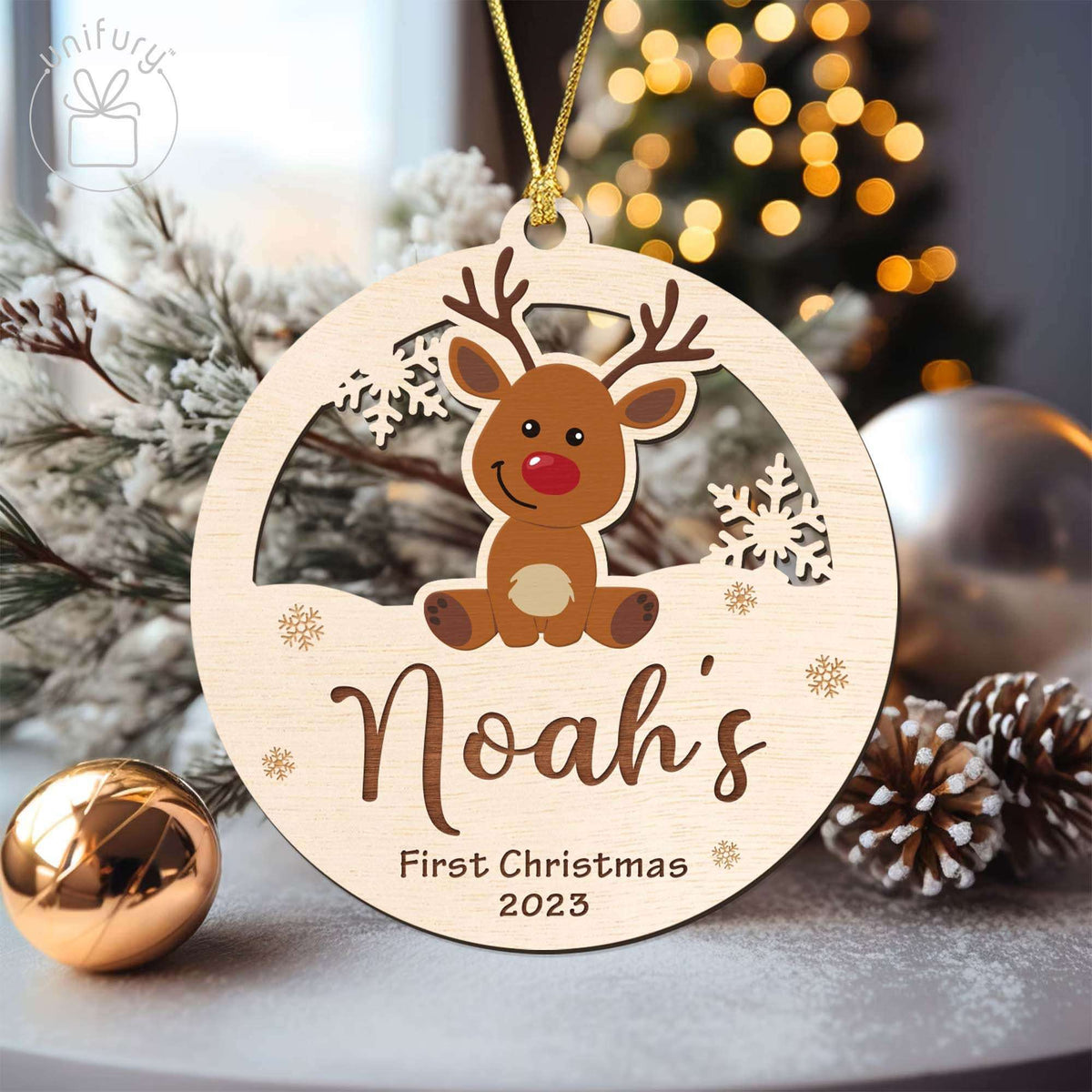 Personalized First Christmas Baby Deer Wooden Ornament
