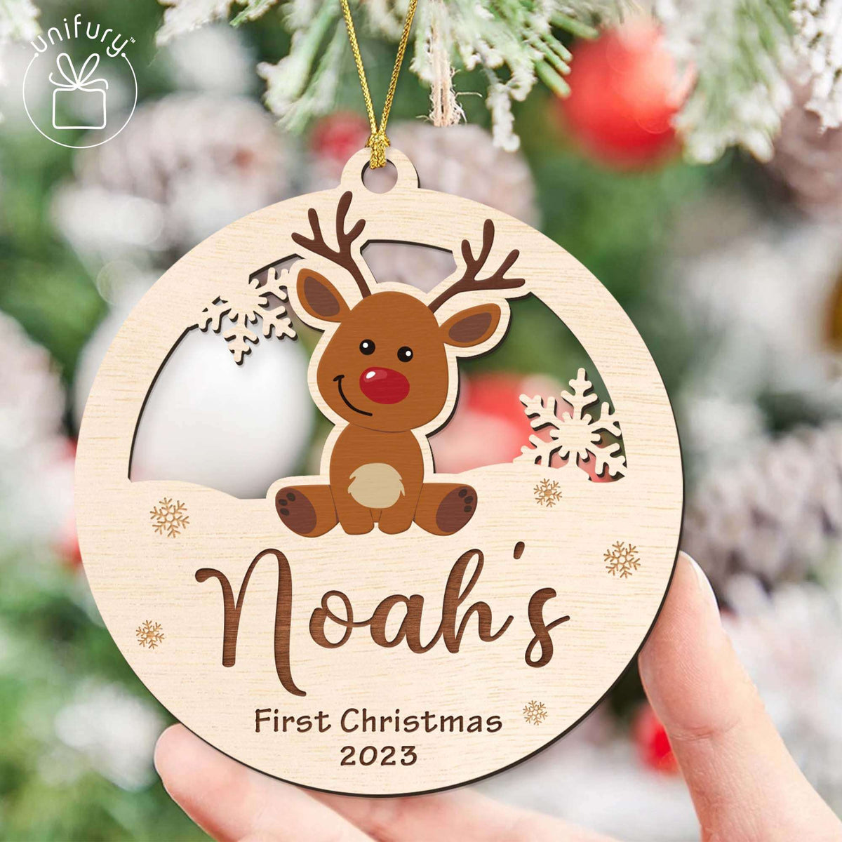 Personalized First Christmas Baby Deer Wooden Ornament
