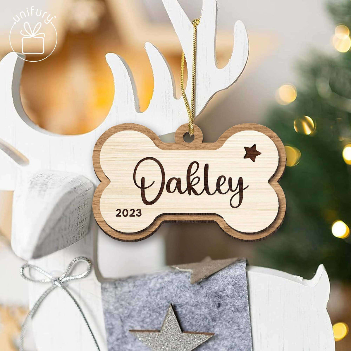 Basic Color First Christmas Dog Bone Custom Shape Wooden Ornaments