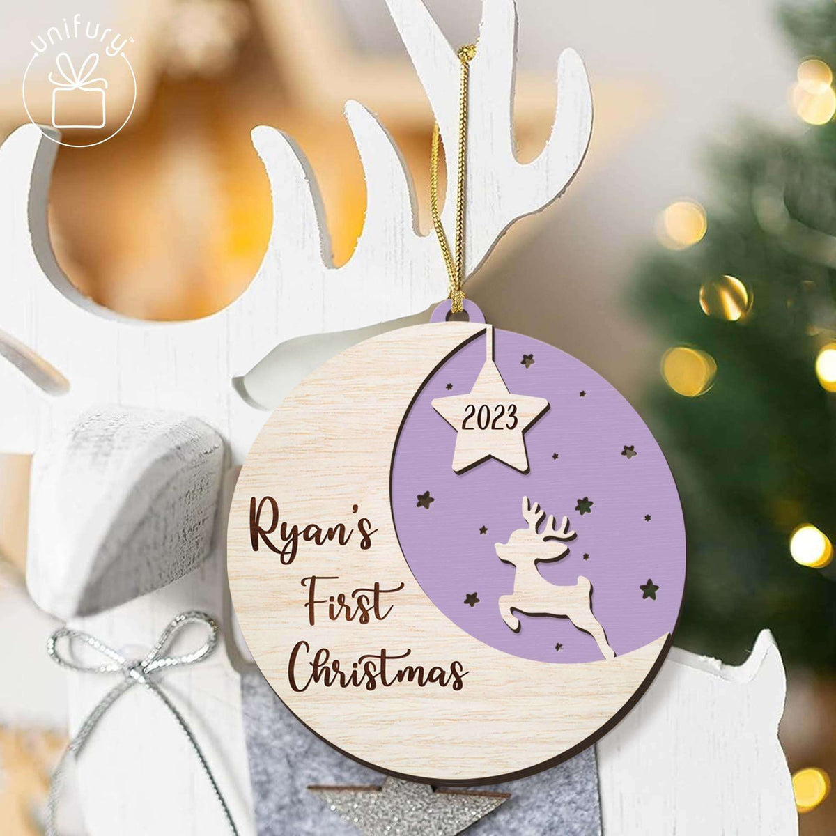 Customized First Baby Christmas Moon Wooden Ornament