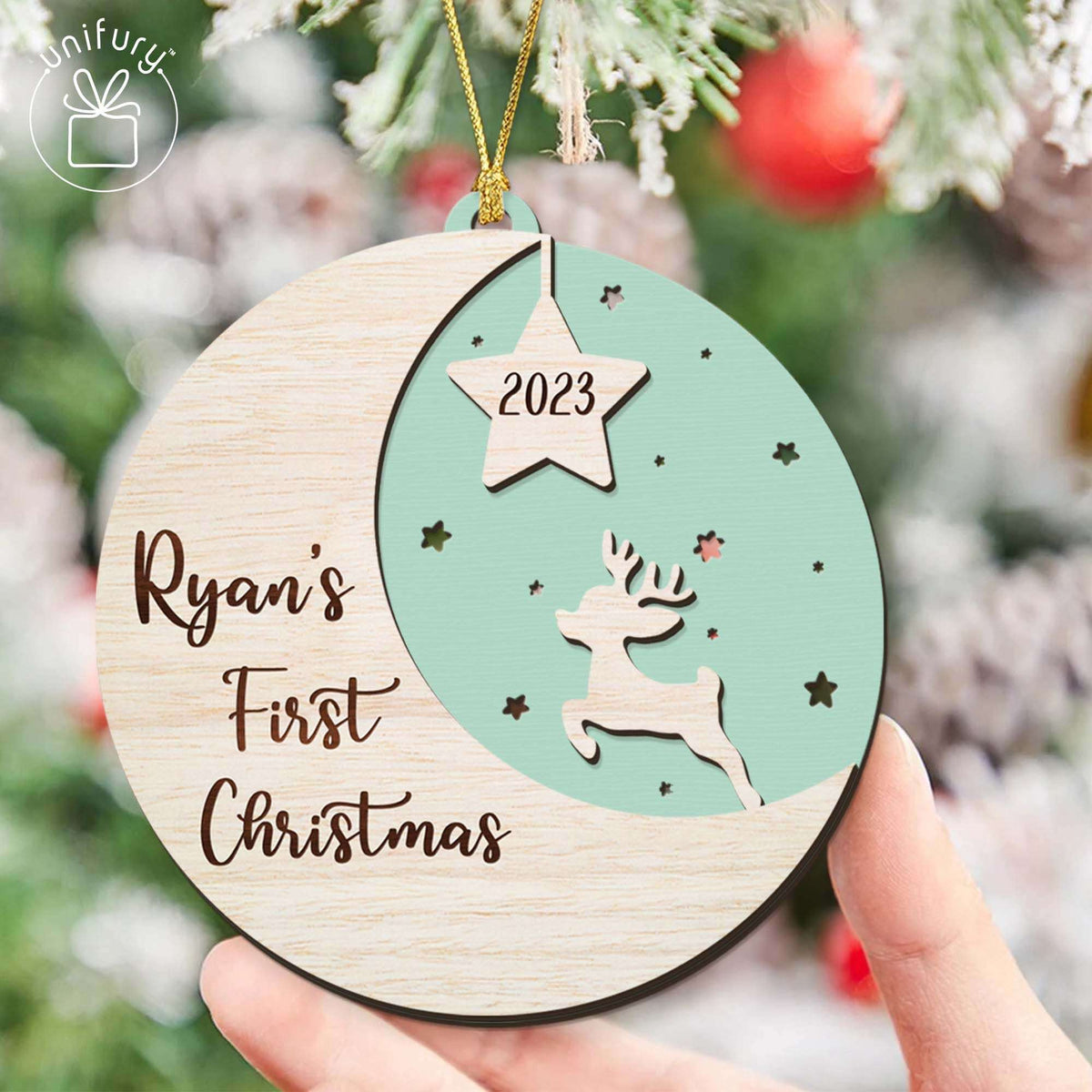 Customized First Baby Christmas Moon Wooden Ornament