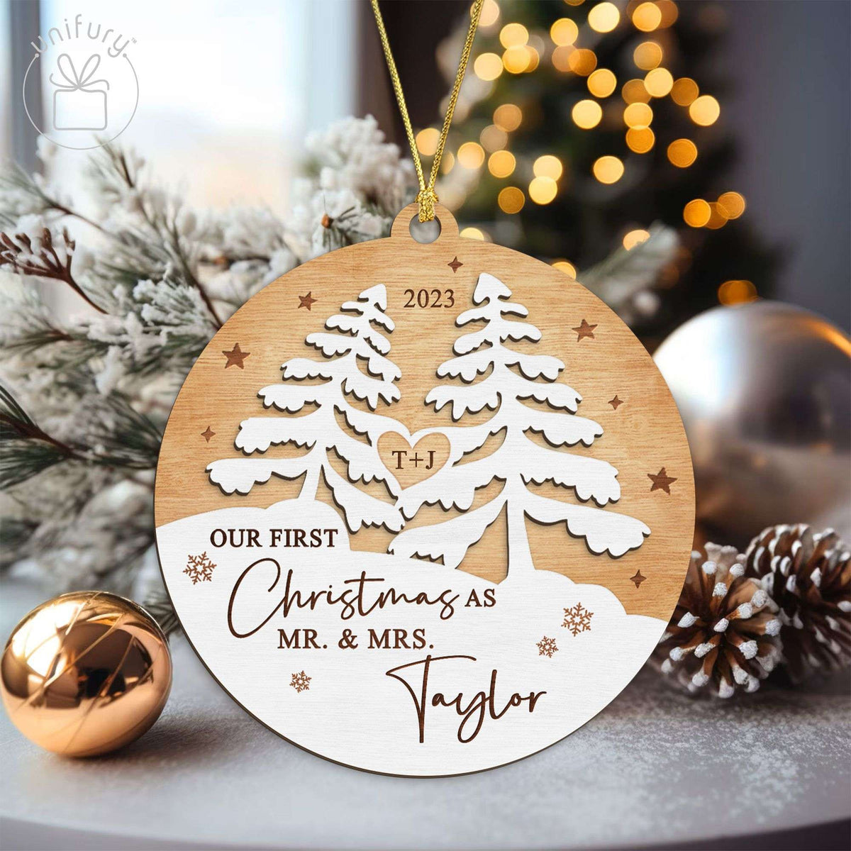 Unique First Christmas Married Wooden Ornament