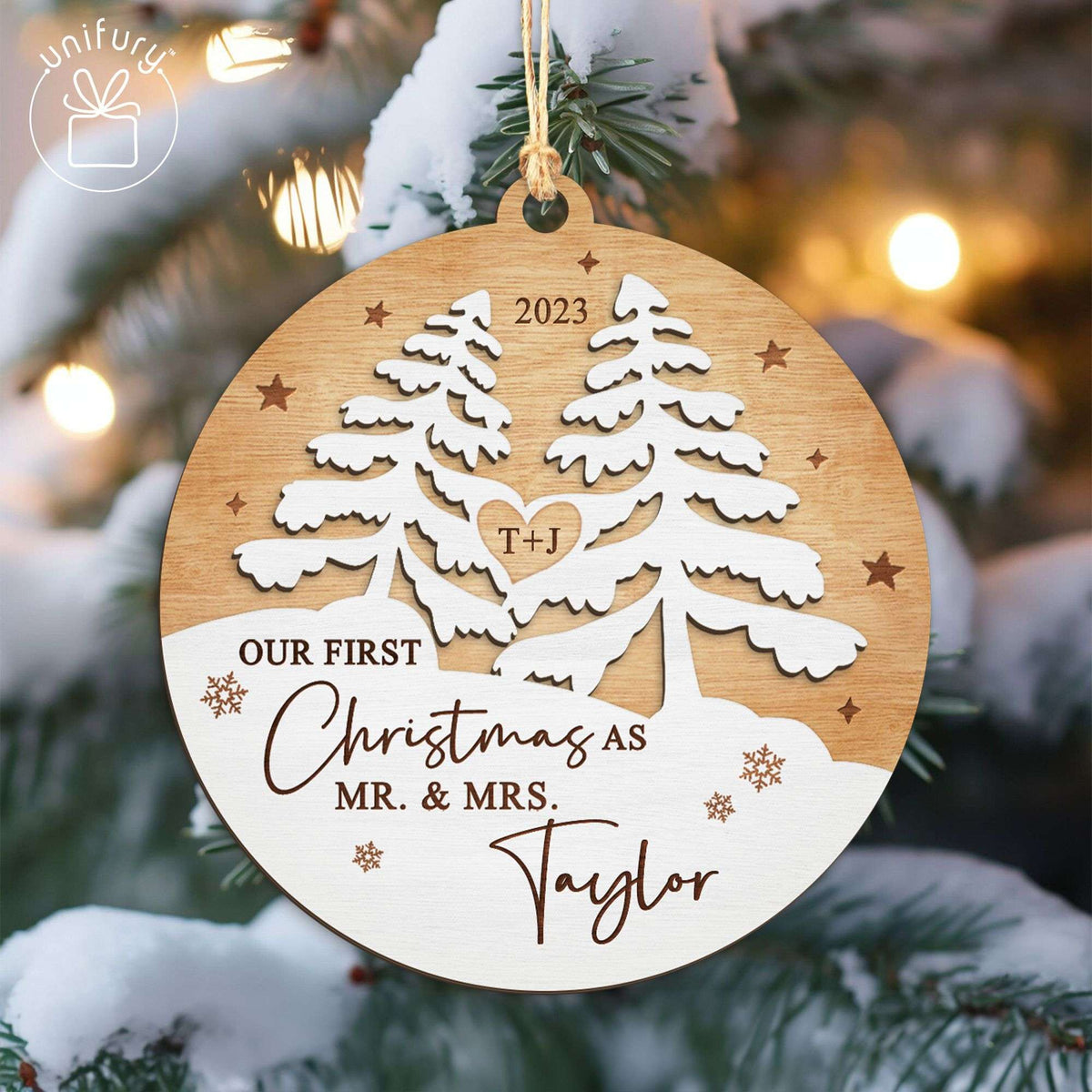 Unique First Christmas Married Wooden Ornament