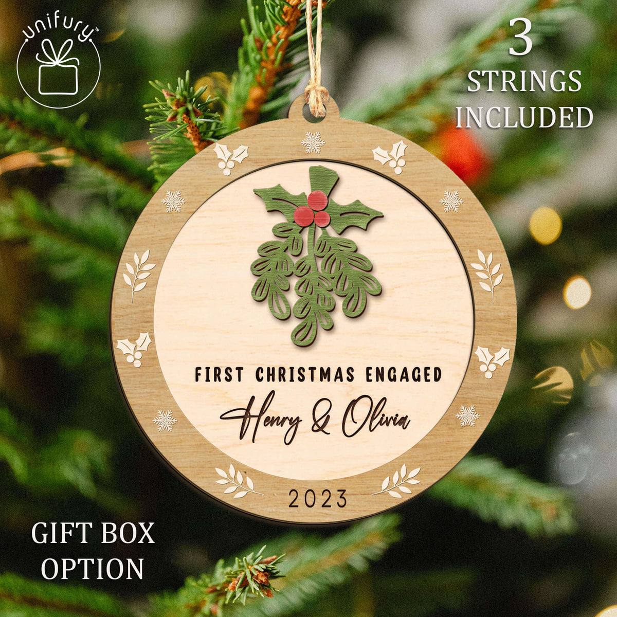 Personalized Mistletoe Engaged Wooden Ornament