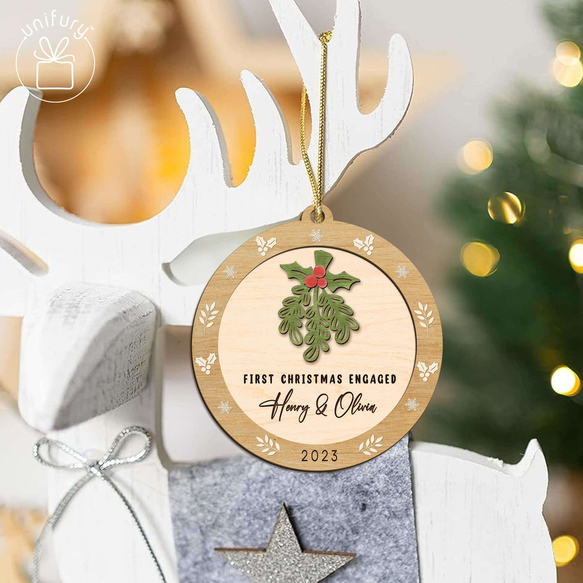 Personalized Mistletoe Engaged Wooden Ornament