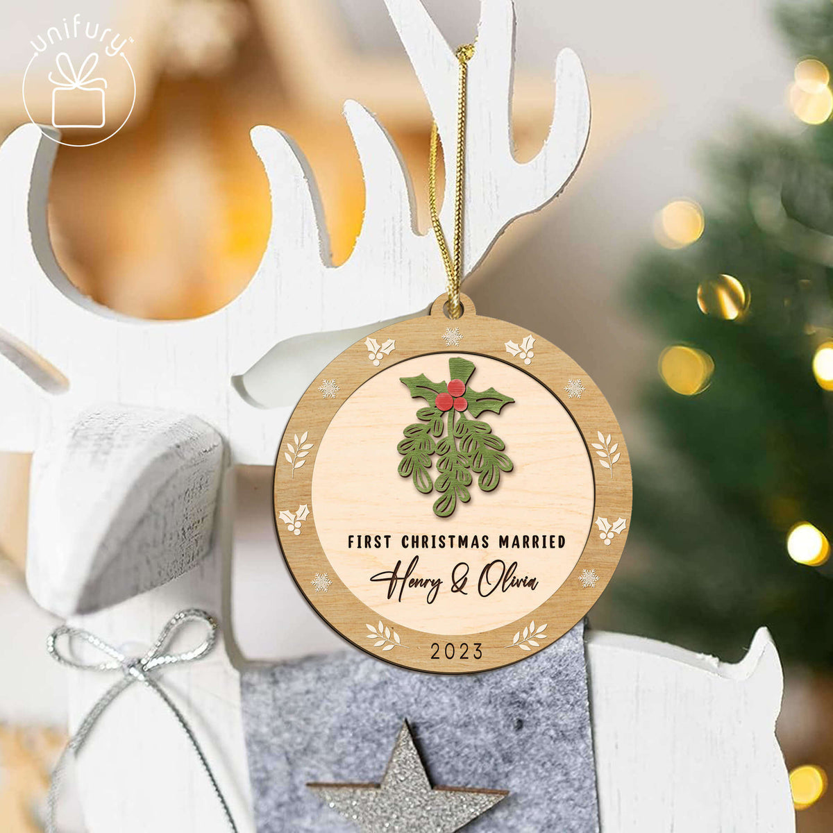 Personalized First Christmas Engaged Mistletoe Wooden Ornament