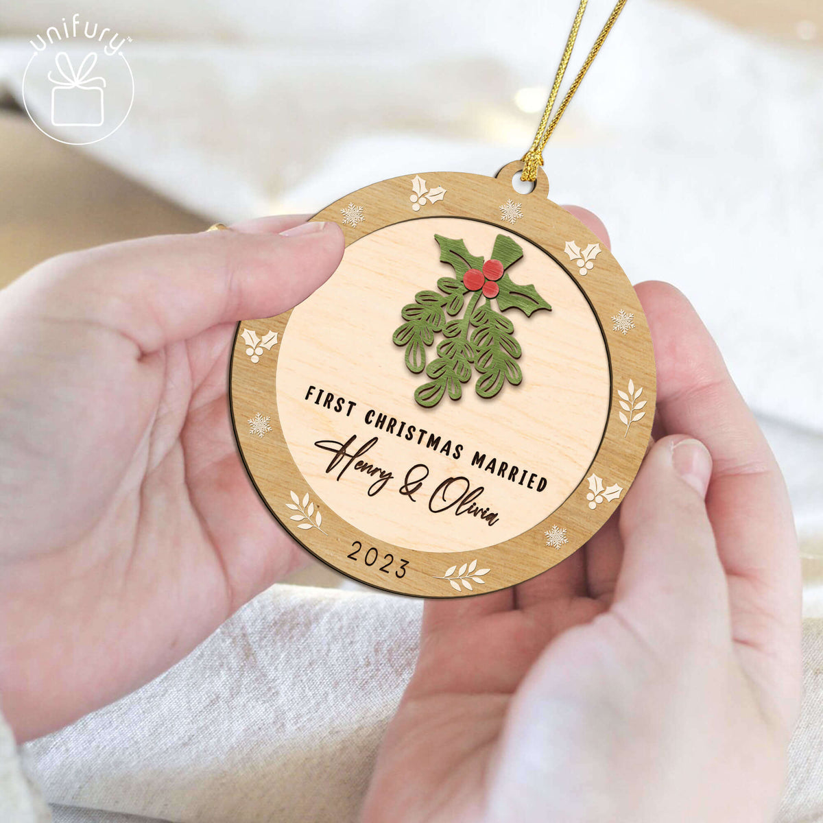Personalized First Christmas Engaged Mistletoe Wooden Ornament