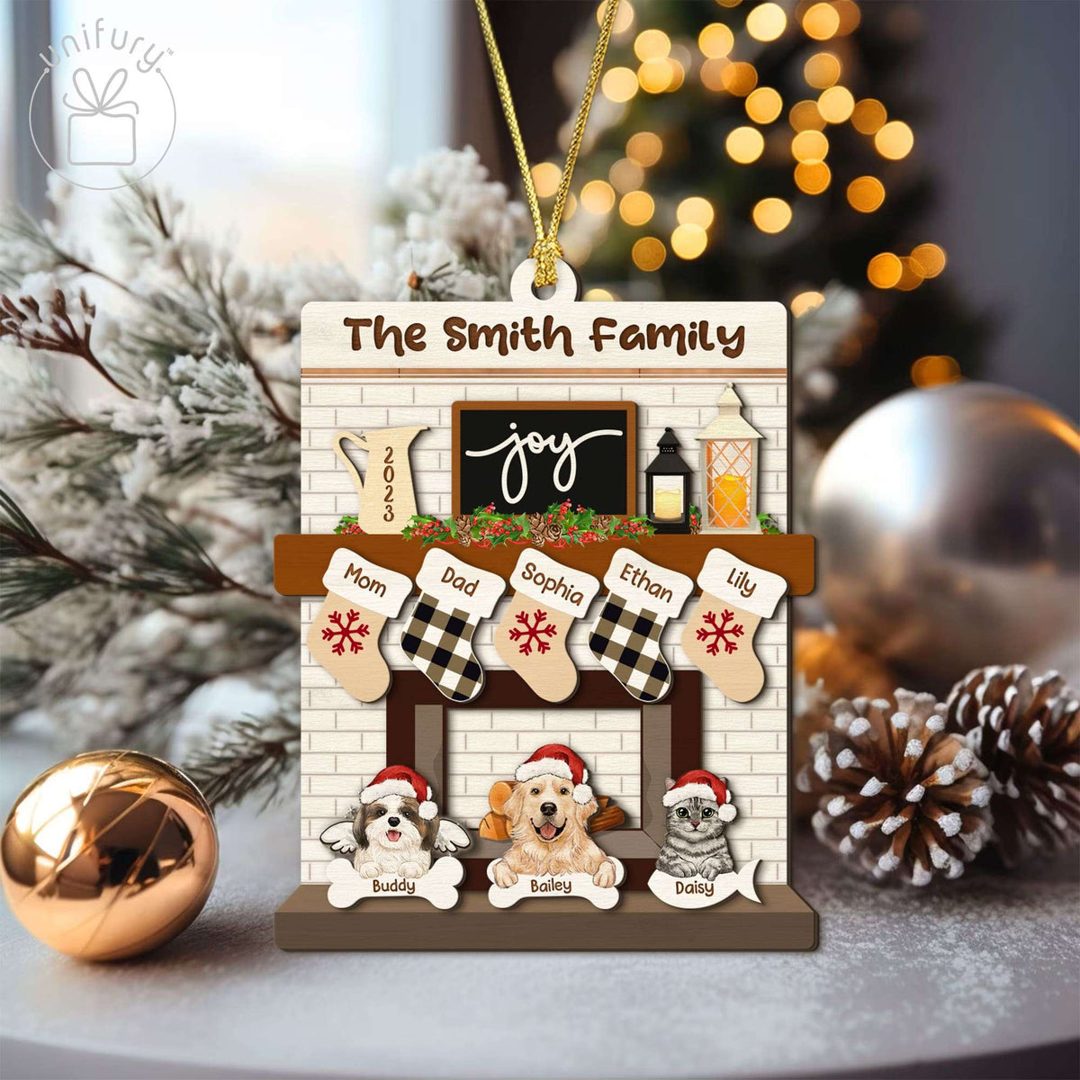 Family Christmas with Pet Dog Cat Fireplace Wooden Ornament