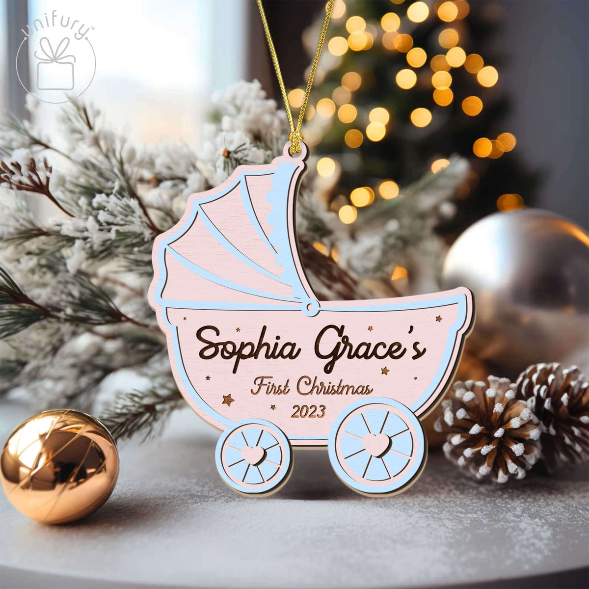 Customized First Baby Christmas Stroller Wooden Ornament