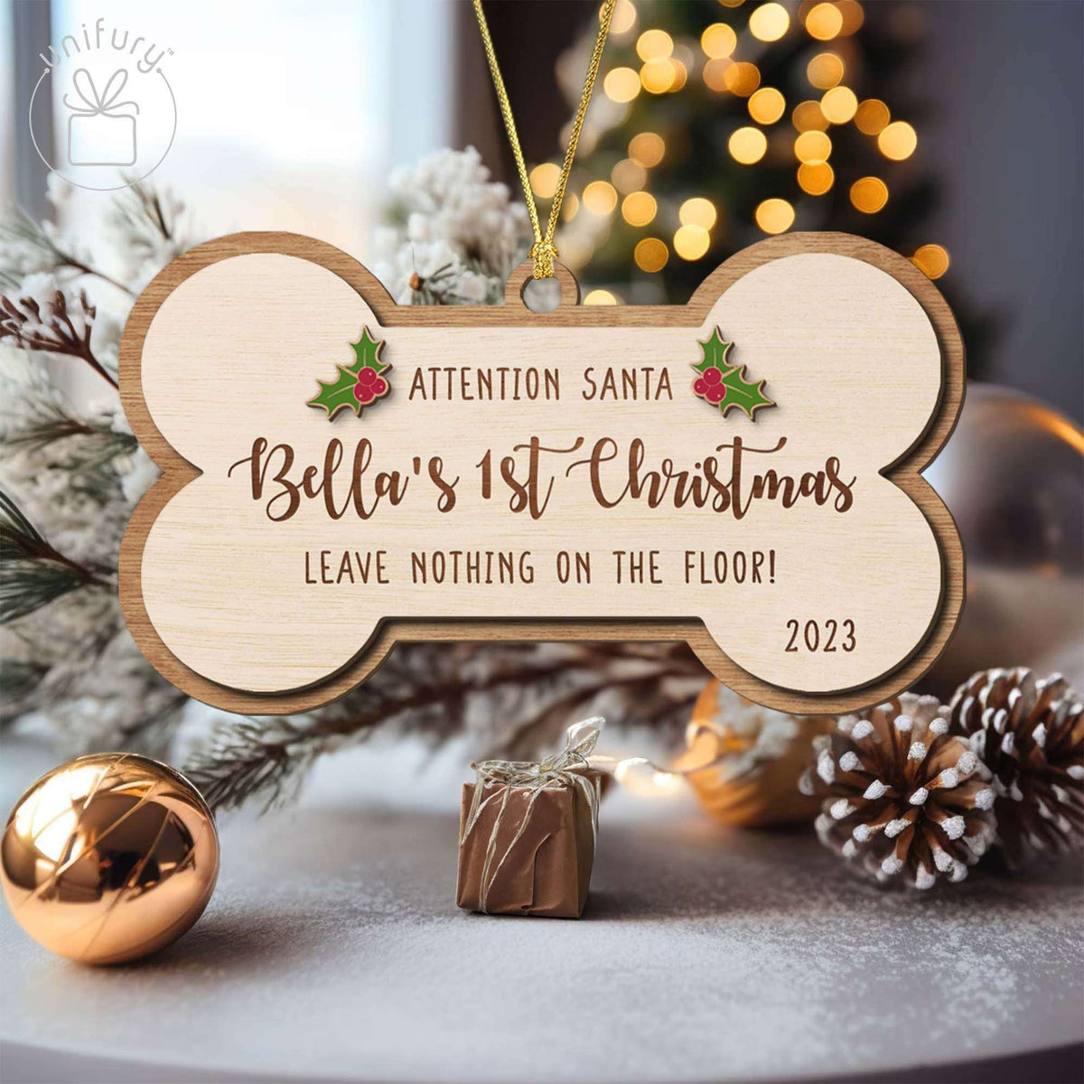 Holly Custom Dog First Christmas Holly Wooden Ornament