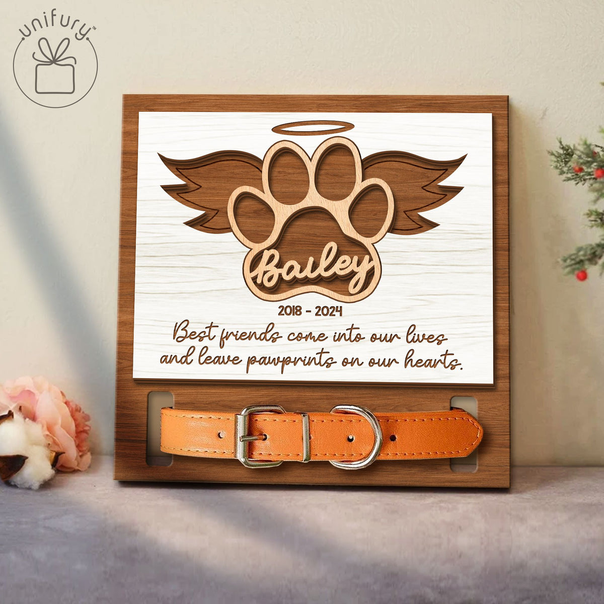 Custom Name Dog Paw With Wings Pet Collar Frame