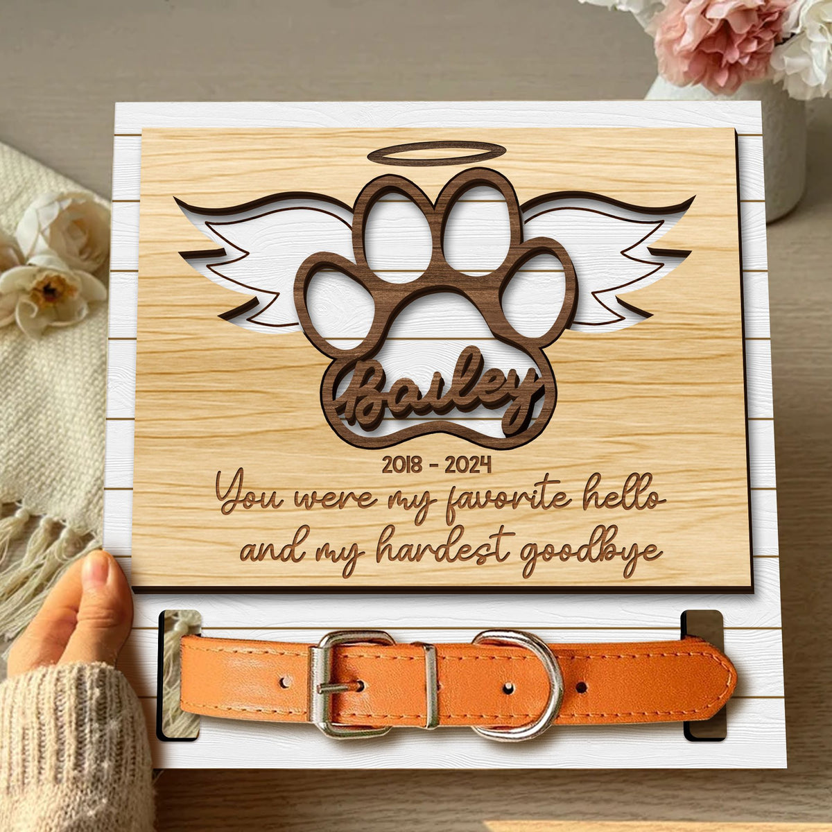 Custom Name Dog Paw With Wings Pet Collar Frame