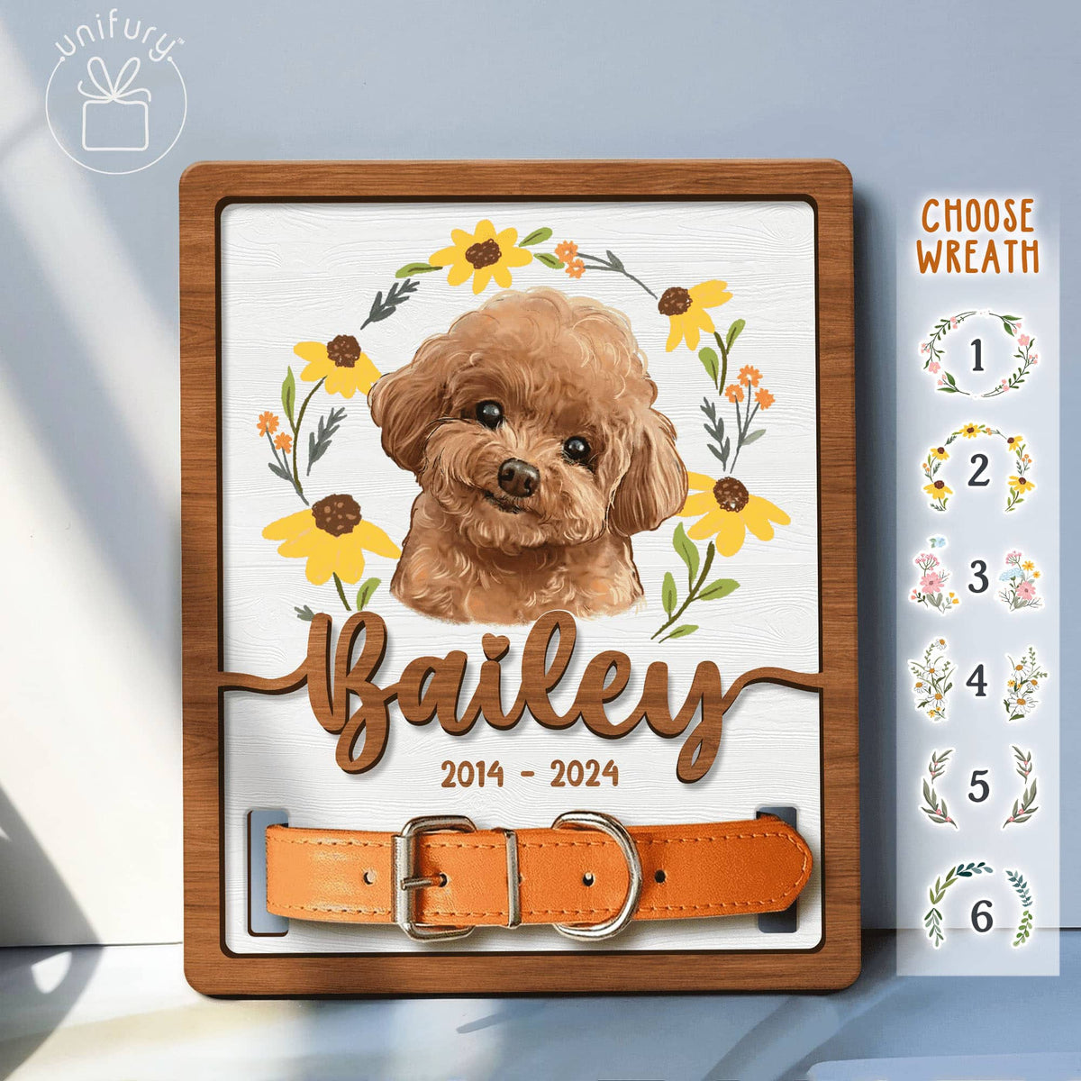 Custom Photo Dog Portrait With Wreath Memorial Pet Collar Frame