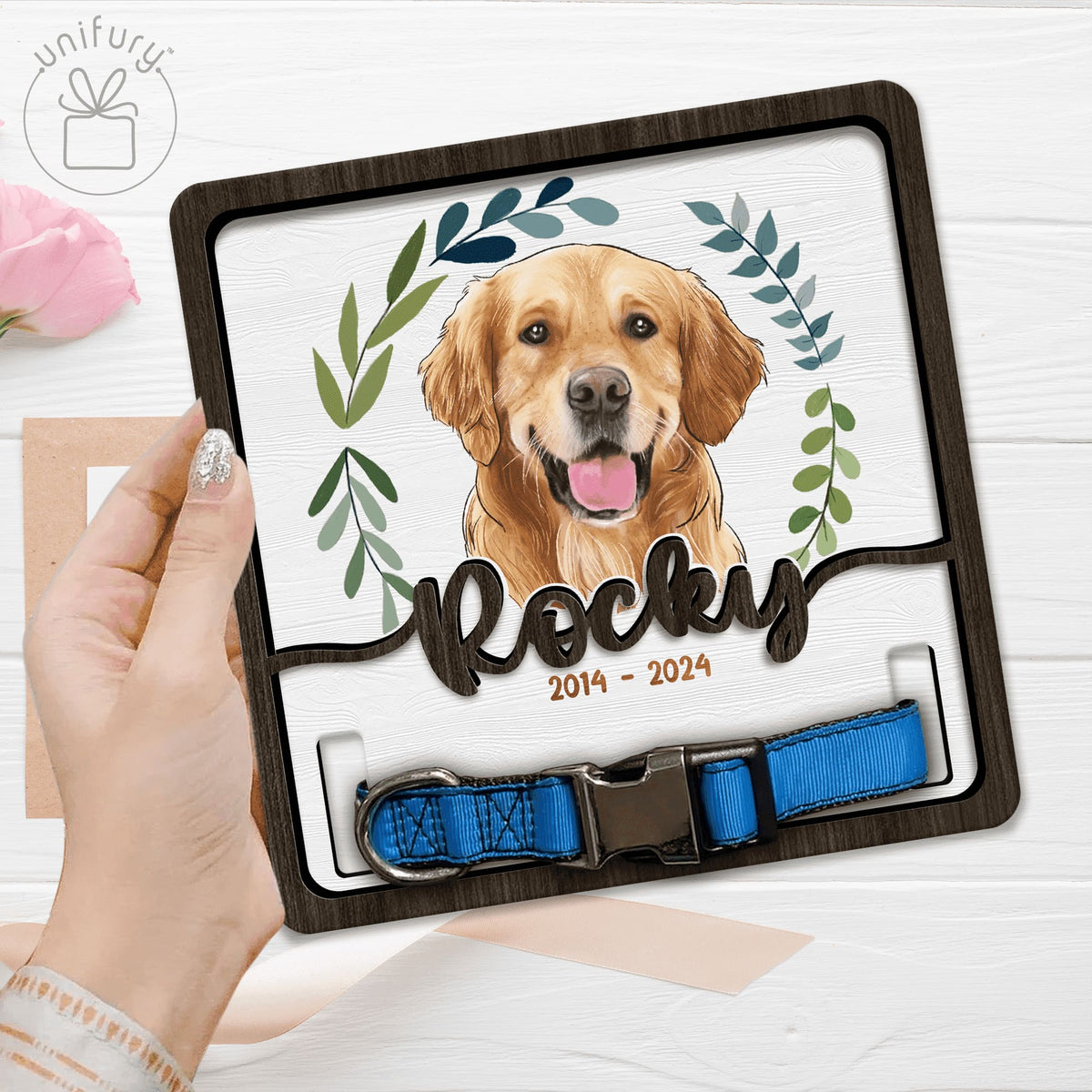 Custom Photo Dog Portrait With Wreath Memorial Pet Collar Frame