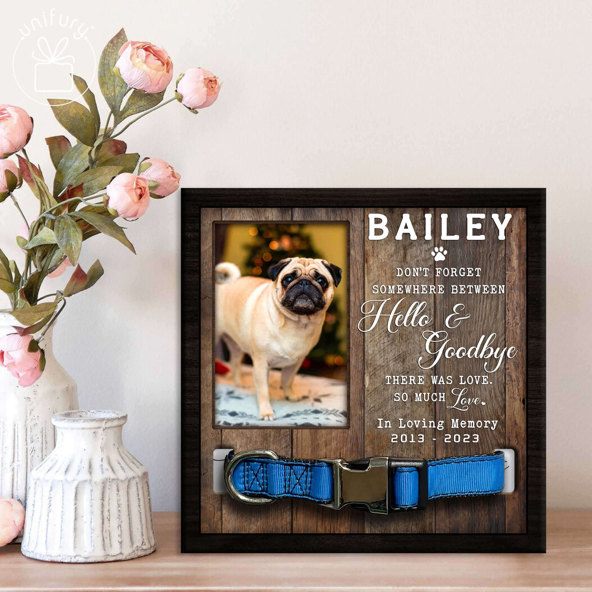 Somewhere Between Hello And Goodbye Memorial Dog Cat Collar Frame