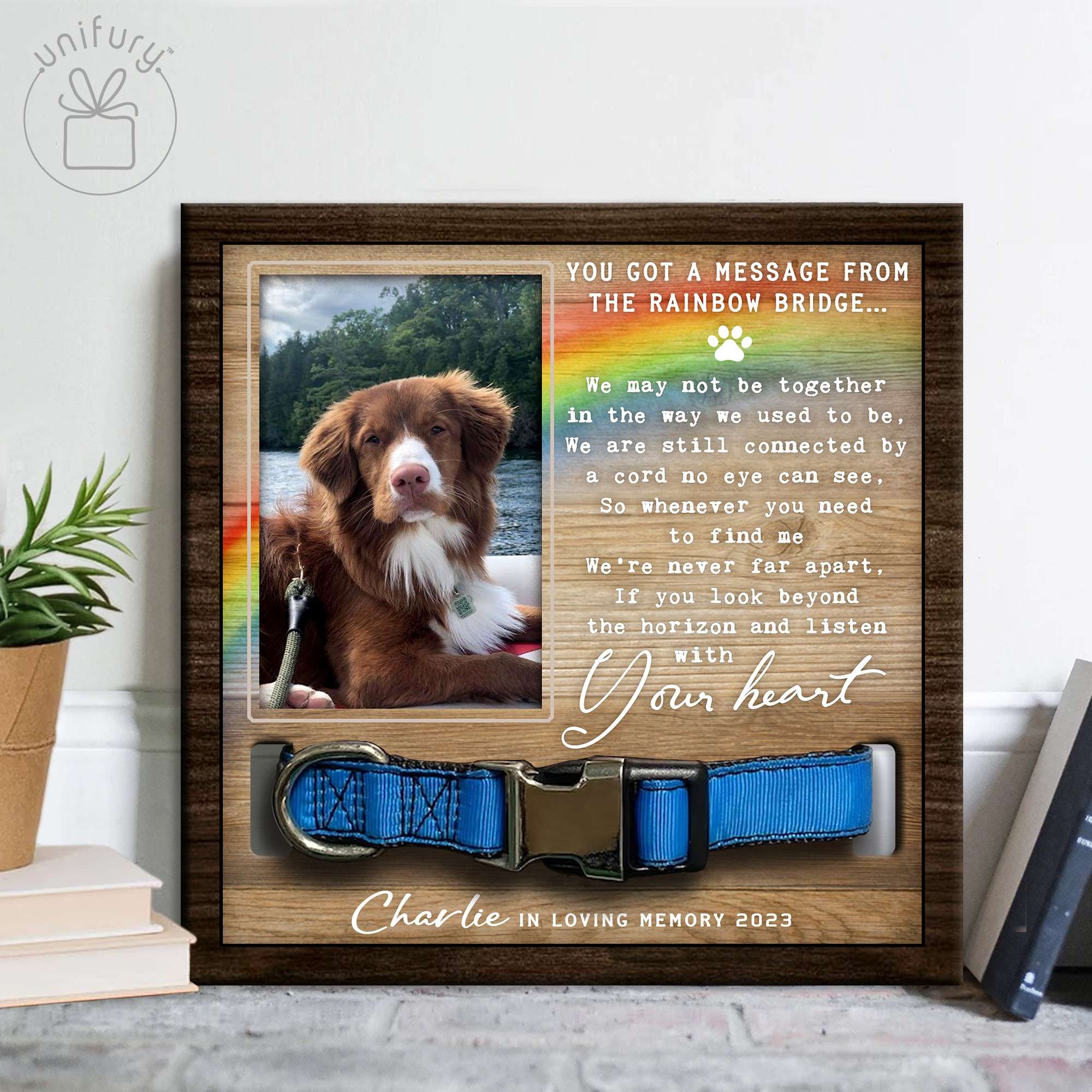 Colar Frame Never Far Apart Personalized Memorial Wooden Pet Collar Frame - Unifury