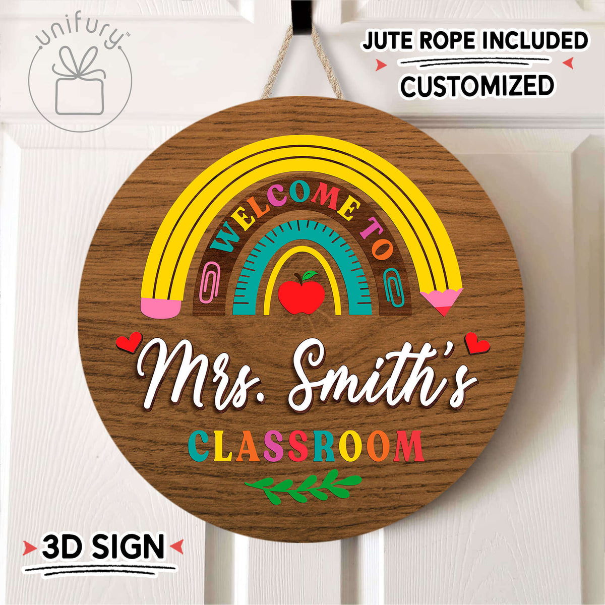 Personalized 3D Teacher Wooden Classroom Welcome Door Sign, Custom Teacher Name Gift