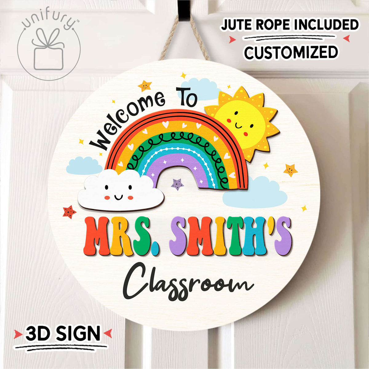 Personalized 3D Teacher Cloud And Sun Door Sign, Custom Teacher Name Gift
