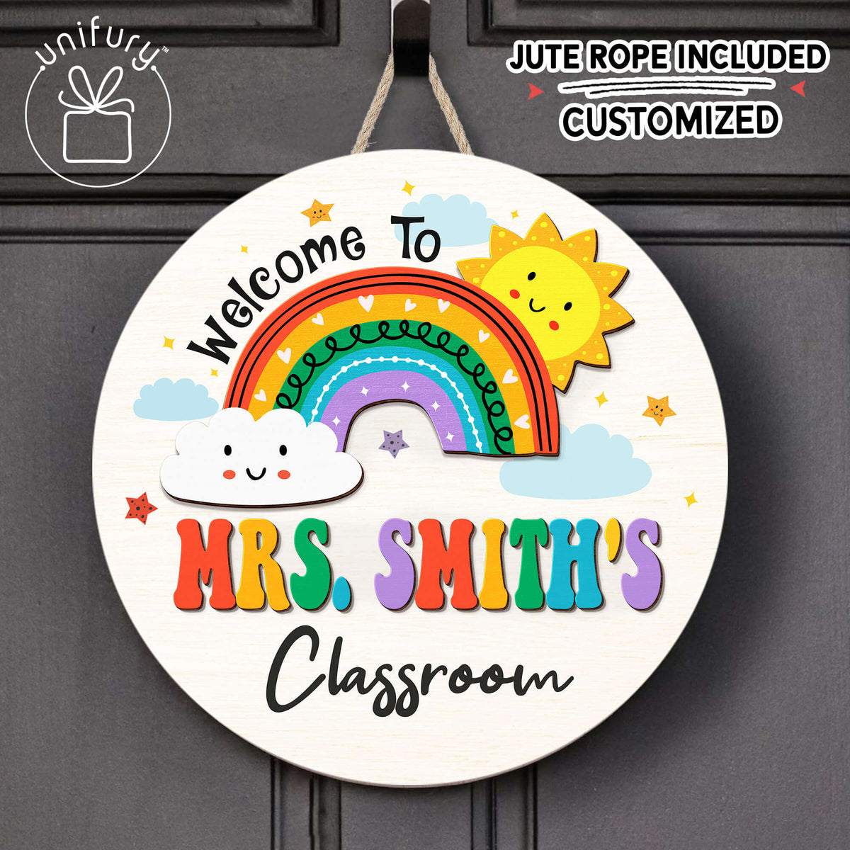 Personalized 3D Teacher Cloud And Sun Door Sign, Custom Teacher Name Gift