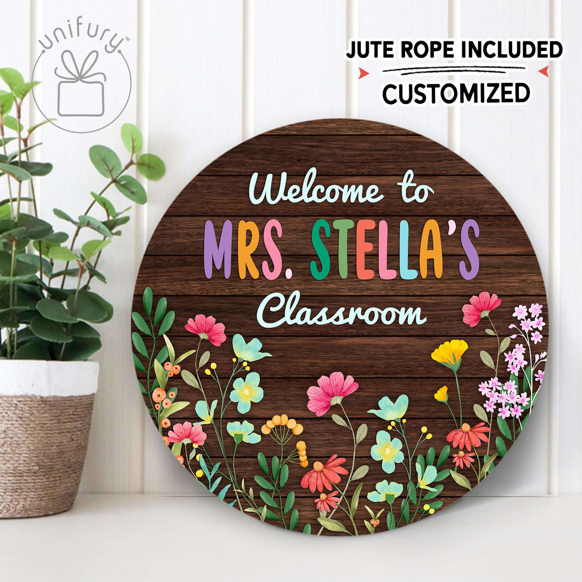 Personalized Teacher Floral Welcome To Classroom Door Sign, Custom Teacher Name Gift