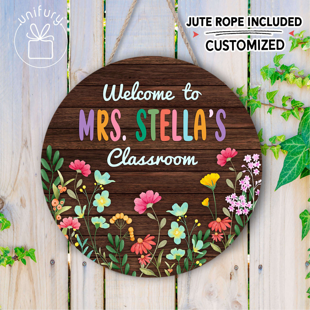 Personalized Teacher Floral Welcome To Classroom Door Sign, Custom Teacher Name Gift