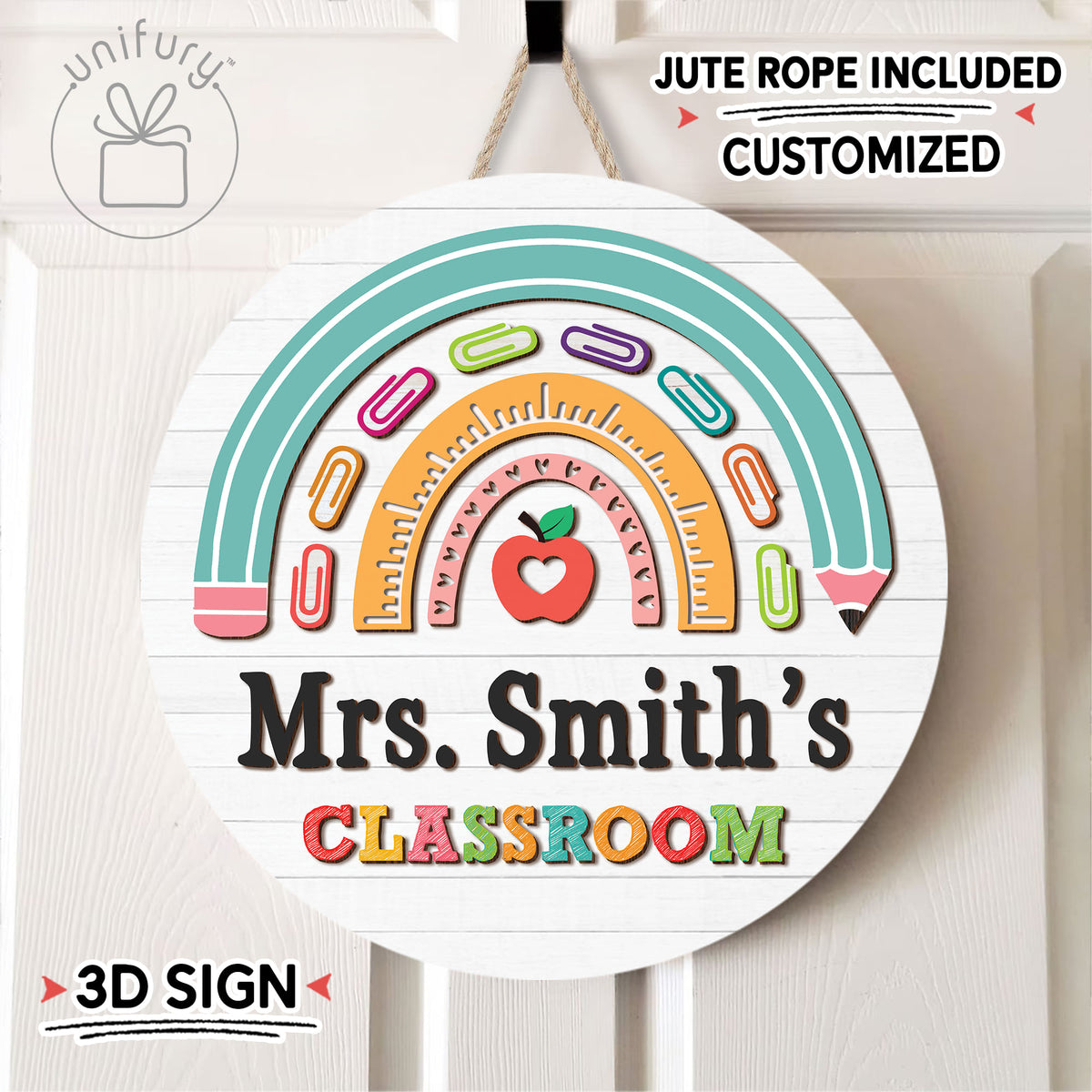 Personalized 3D Teacher White Wooden Door Sign, Custom Teacher Name Sign