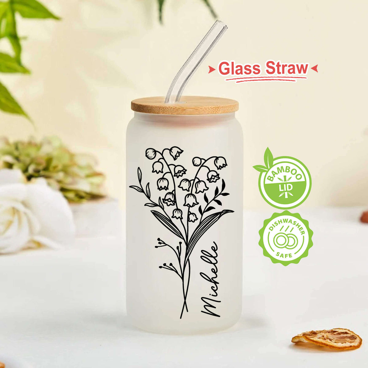 Personalized Bridesmaid Birth Flower Frosted Glass Tumbler, Custom Name Coffee Cup