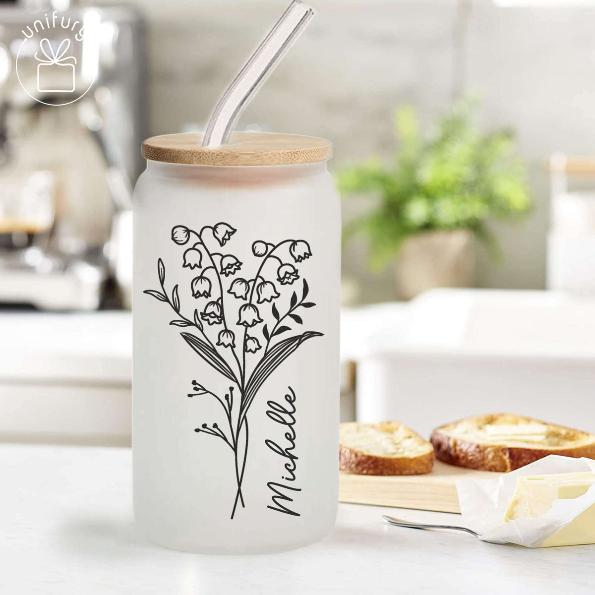 Personalized Bridesmaid Birth Flower Frosted Glass Tumbler, Custom Name Coffee Cup
