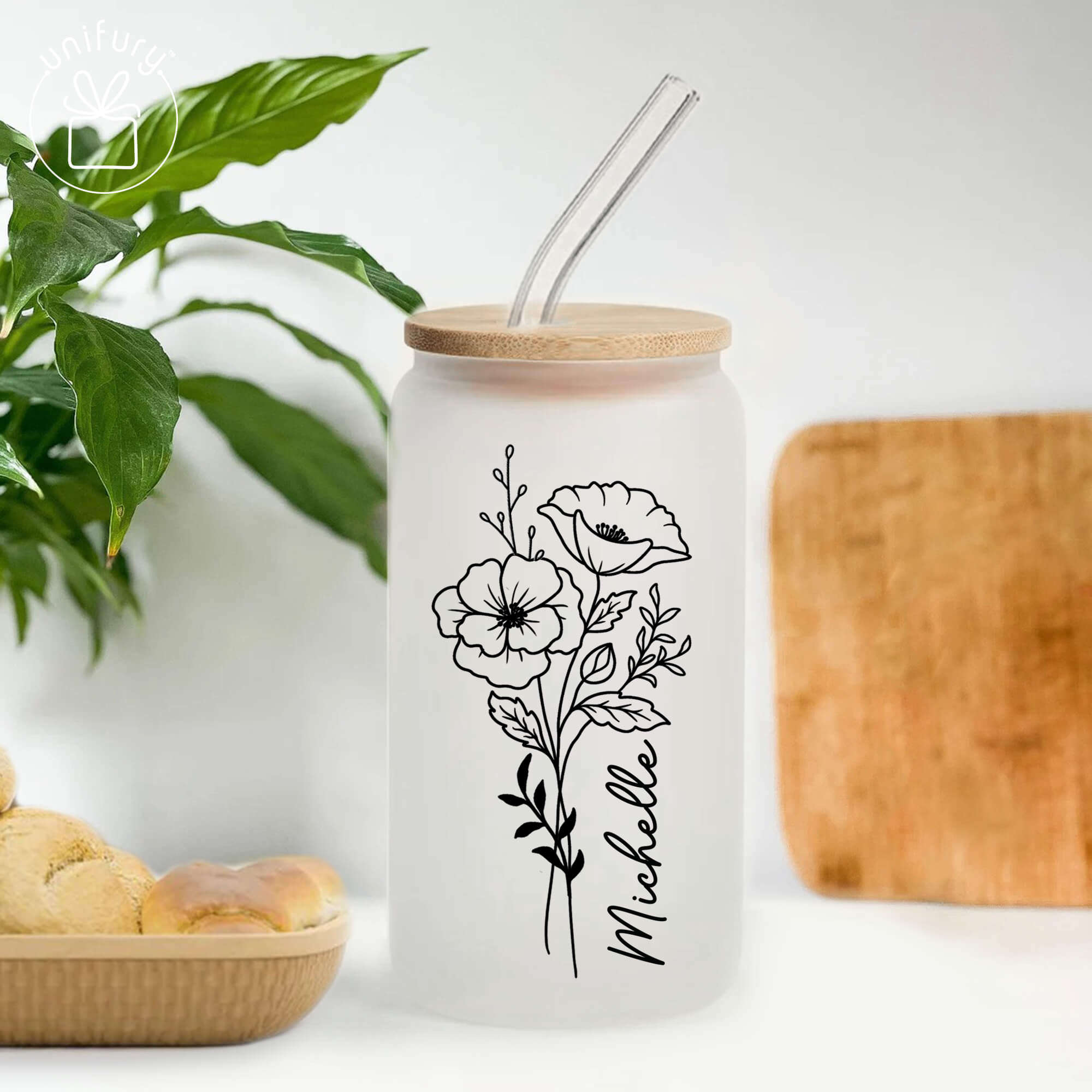 Personalized Glass with Bamboo Lid and Straw, Coffee Glass Cup, Glass  Coffee Tumbler Can Glass Custom Name Gift Women, Birth Flower Month