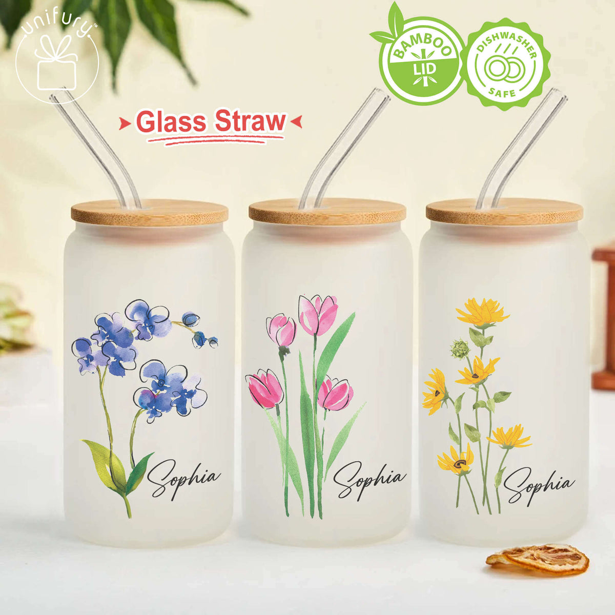 Personalized Bridesmaid Floral Frosted Glass Tumbler, Custom Name Gift For Women