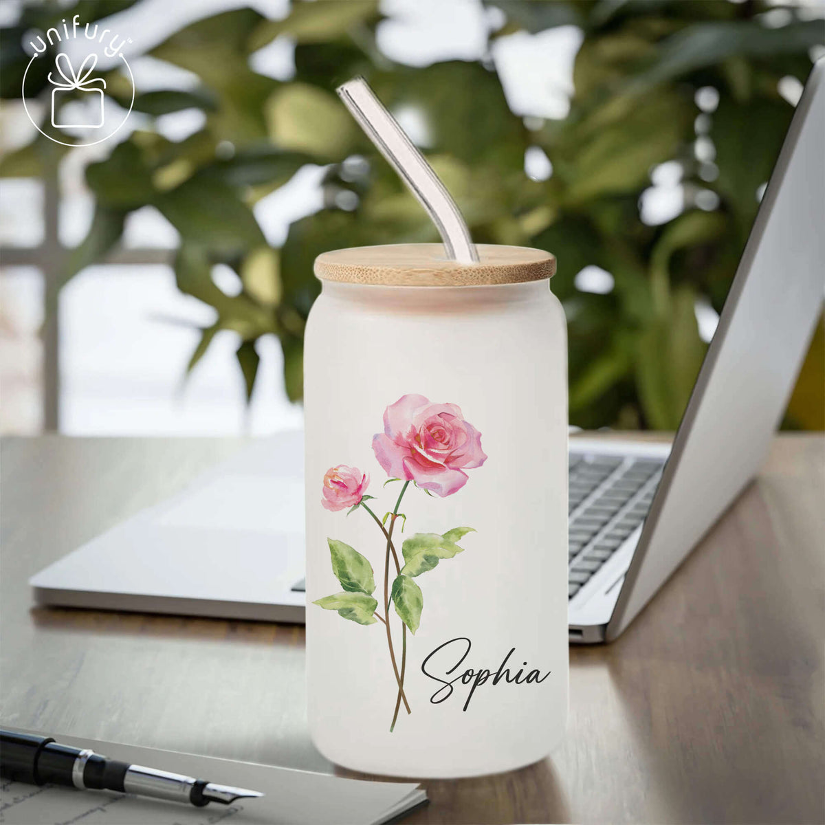 Personalized Bridesmaid Floral Frosted Glass Tumbler, Custom Name Gift For Women