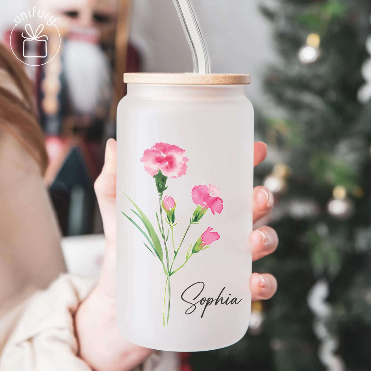 Personalized Bridesmaid Floral Frosted Glass Tumbler, Custom Name Gift For Women