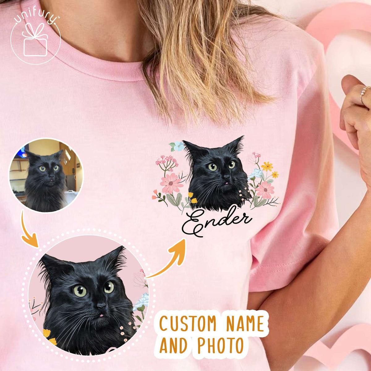 Custom Cat Portrait With Floral Comfort Colors T-shirt