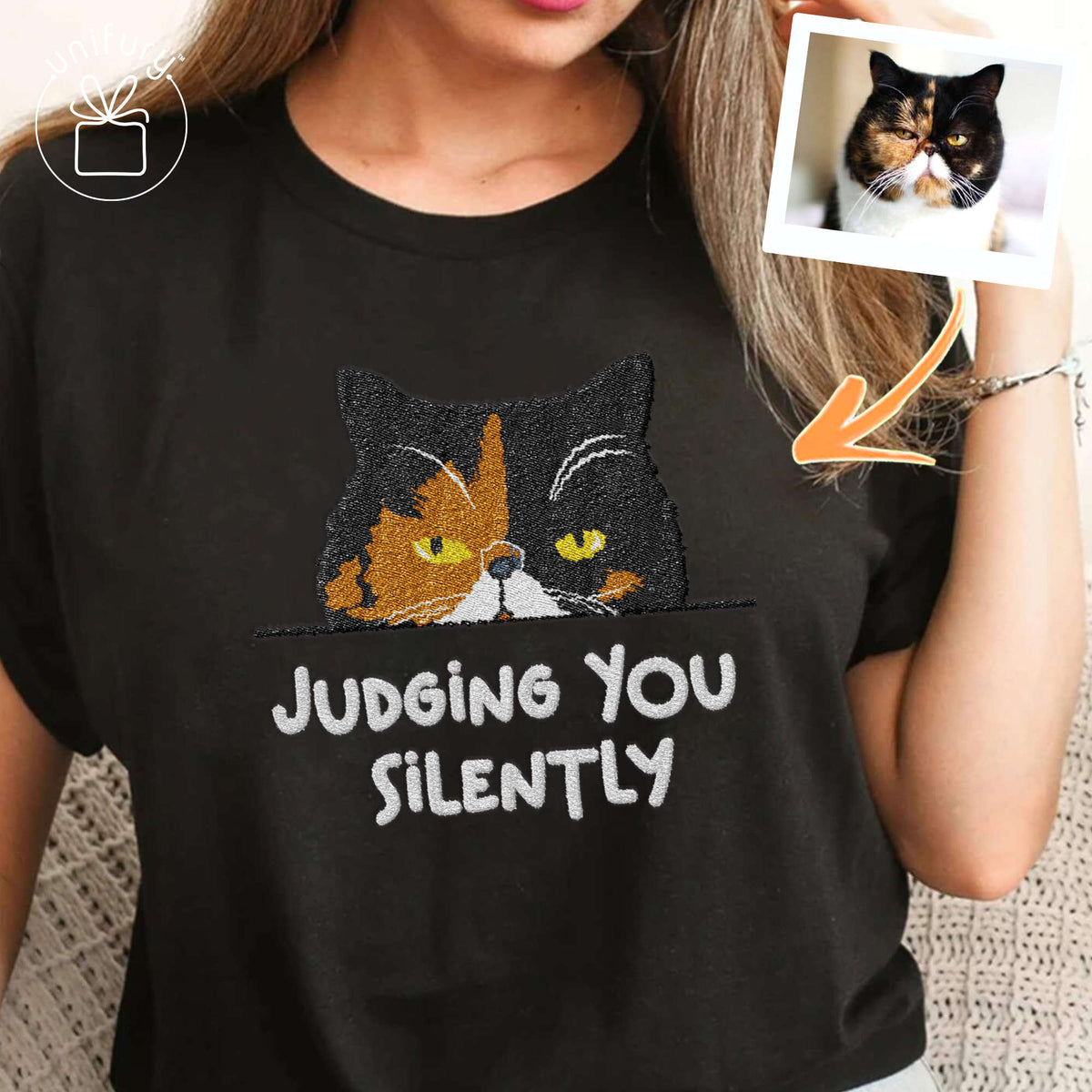 Cat Peeking Hiding Custom Photo Embroidered T-shirt