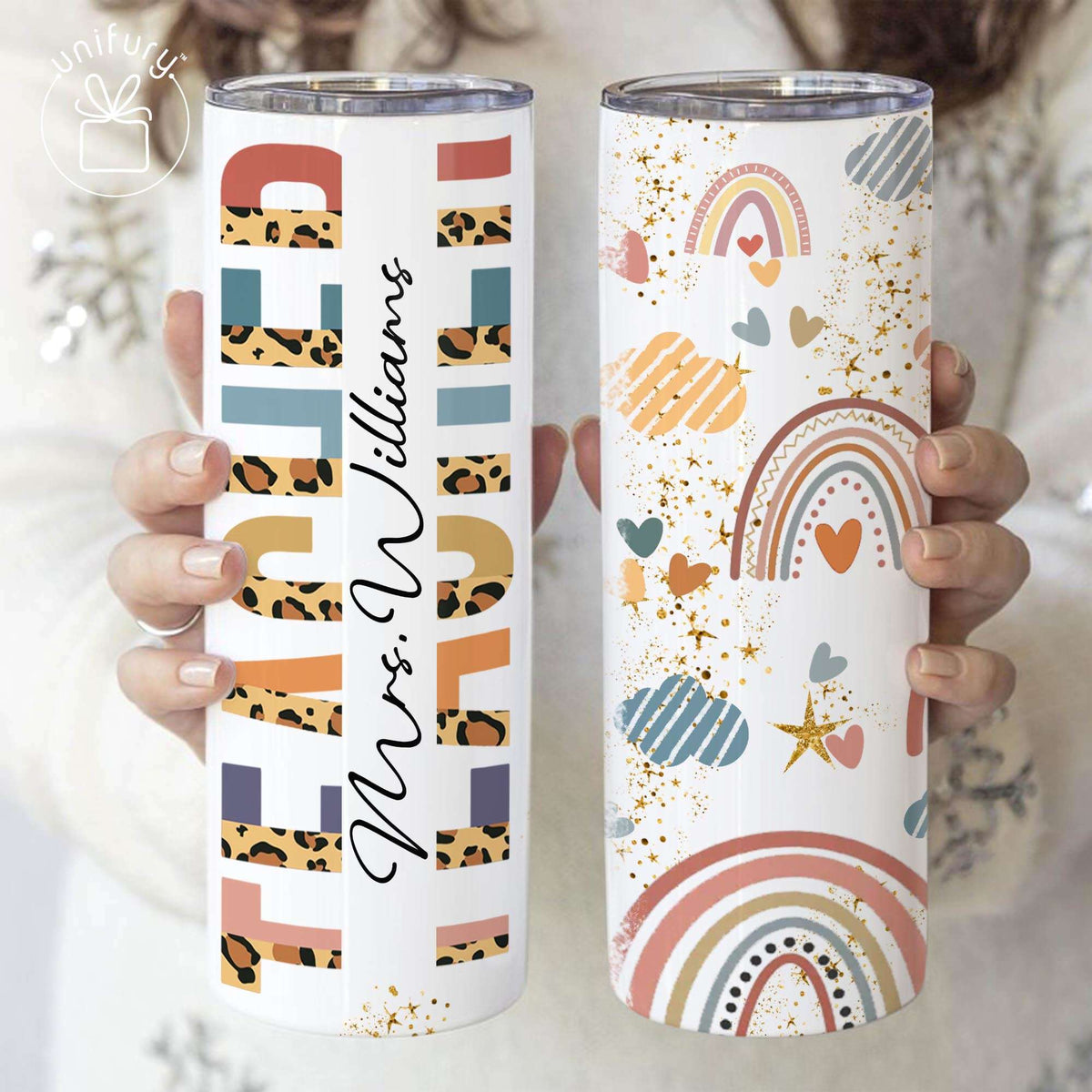 Personalized Teacher Colorful Rainbow Skinny Tumbler, Custom Name Gift For Women