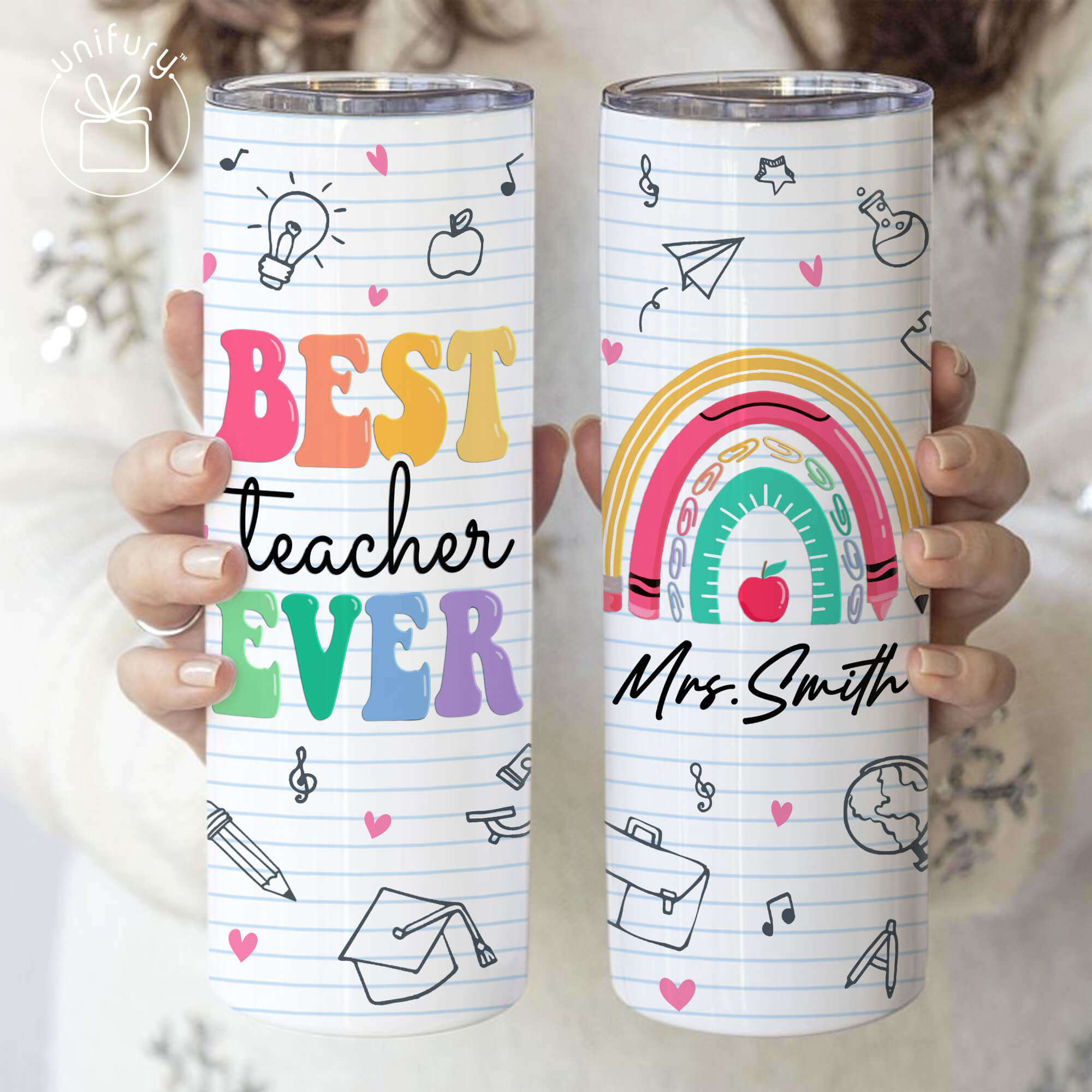 Personalized Teacher Clear Glass Tumbler, Heart Coffee Cup - Unifury