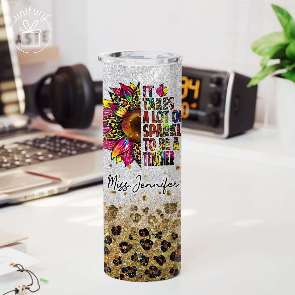 Personalized Teacher Sparkle Skinny Tumbler, Custom Name Gift For Women