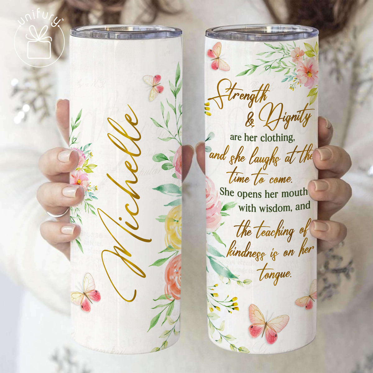 Personalized Christian Strength Dignity Skinny Tumbler, Custom Name Tumbler