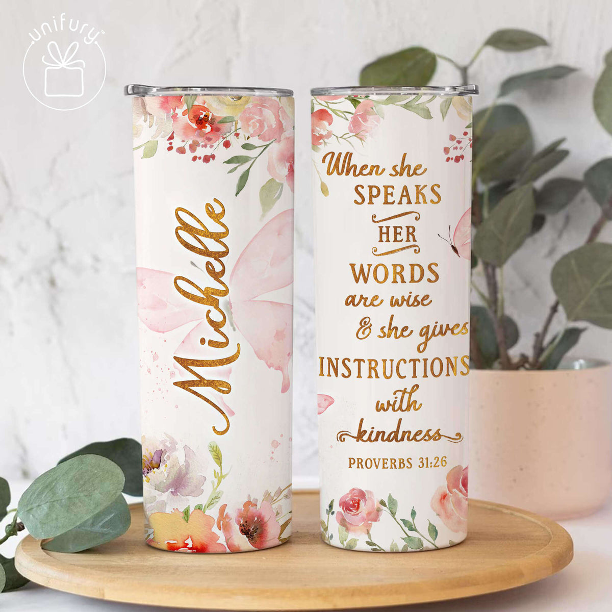 Personalized Christian Her Words Are Wise Skinny Tumbler, Custom Name Tumbler