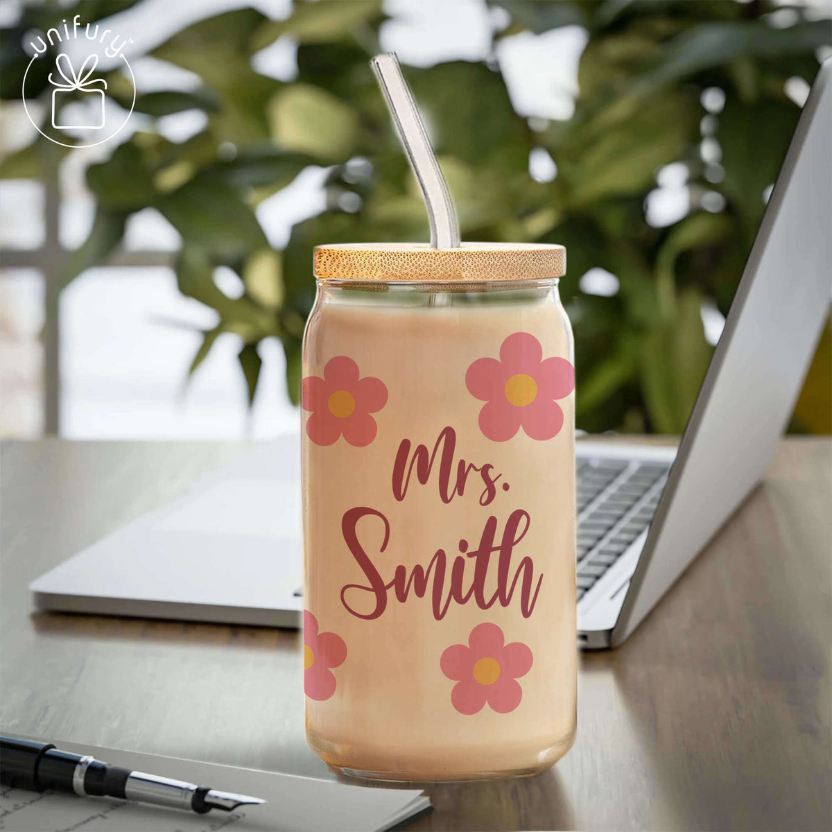 Personalized Teacher Floral Appreciation Clear Glass Tumbler, Custom Name Coffee Cup