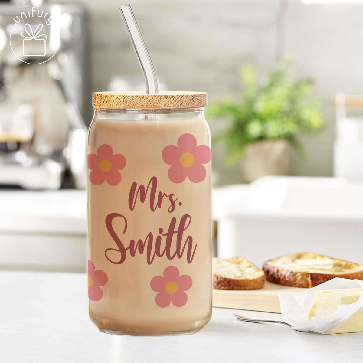 Personalized Teacher Floral Appreciation Clear Glass Tumbler, Custom Name Coffee Cup