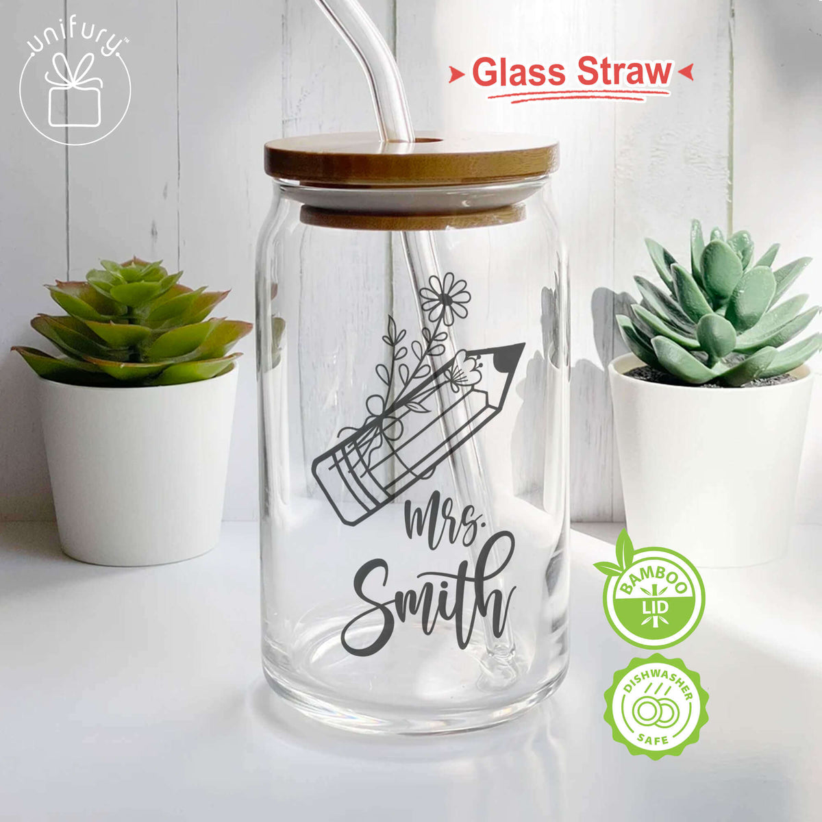 Personalized Teacher Pencil Clear Glass Tumbler, Custom Name Coffee Cup