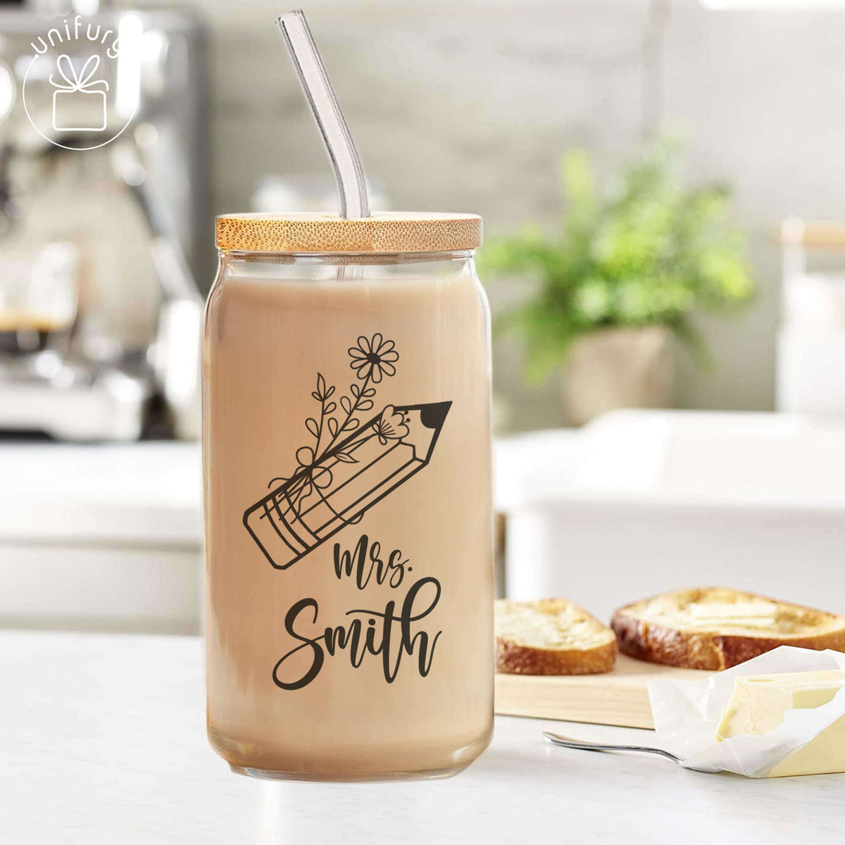 Personalized Teacher Pencil Clear Glass Tumbler, Custom Name Coffee Cup