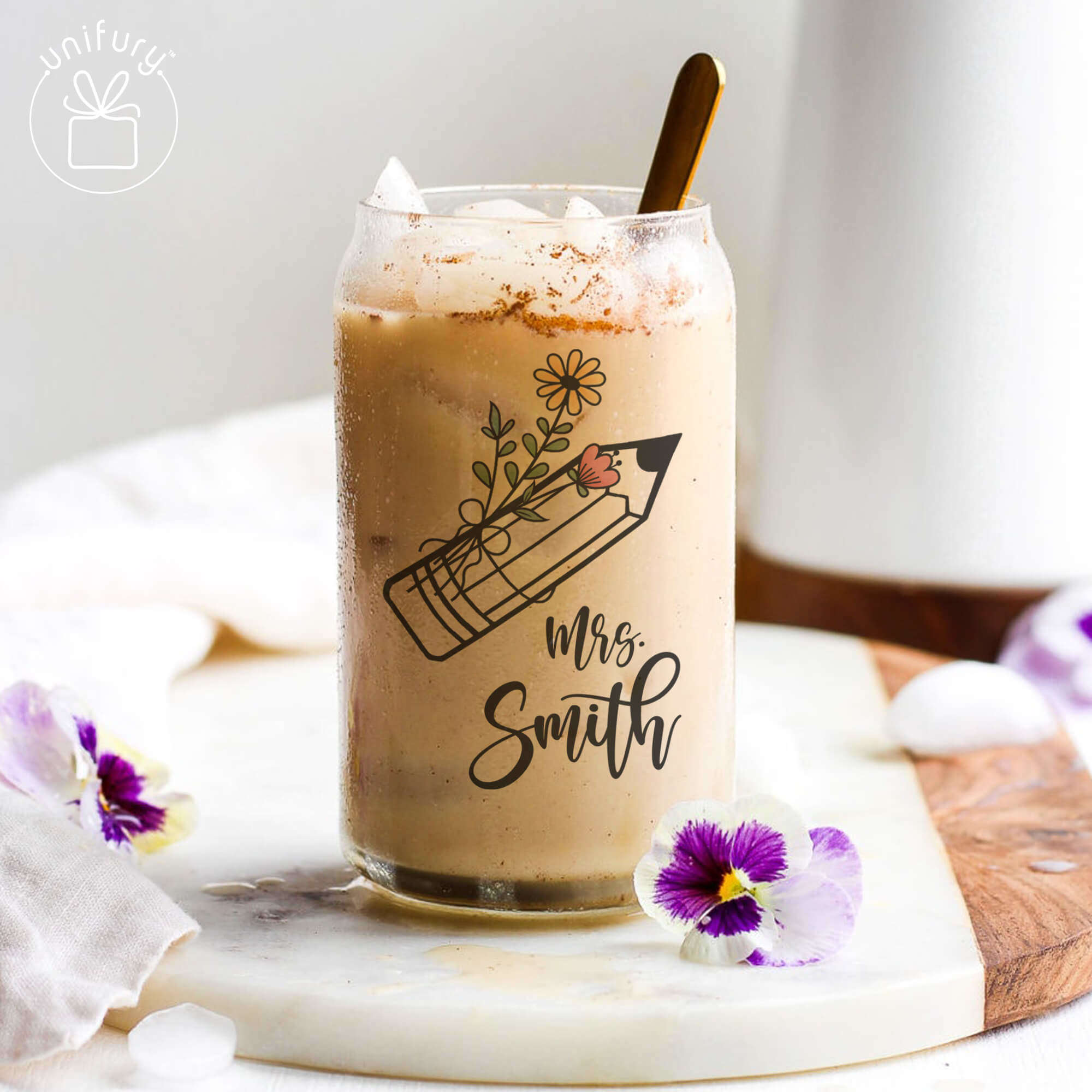Personalized Flower Glass Cup With Name, Iced Coffee Cup With Lid
