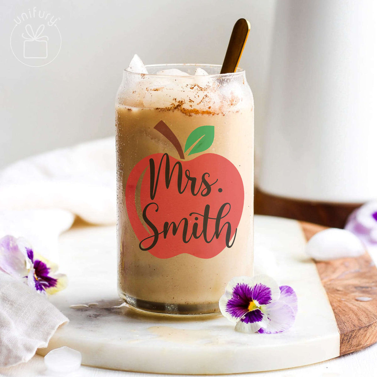 Personalized Teacher Apple Color Clear Glass Tumbler, Custom Name Coffee Cup