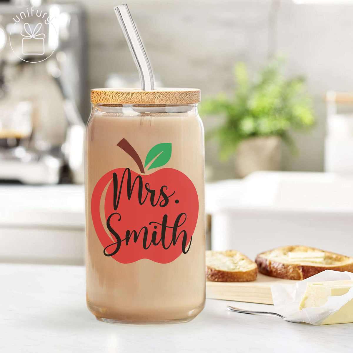 Personalized Teacher Apple Color Clear Glass Tumbler, Custom Name Coffee Cup