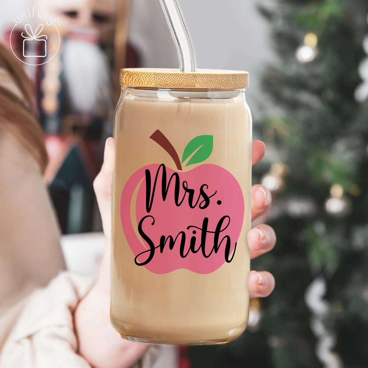 Personalized Teacher Apple Color Clear Glass Tumbler, Custom Name Coffee Cup