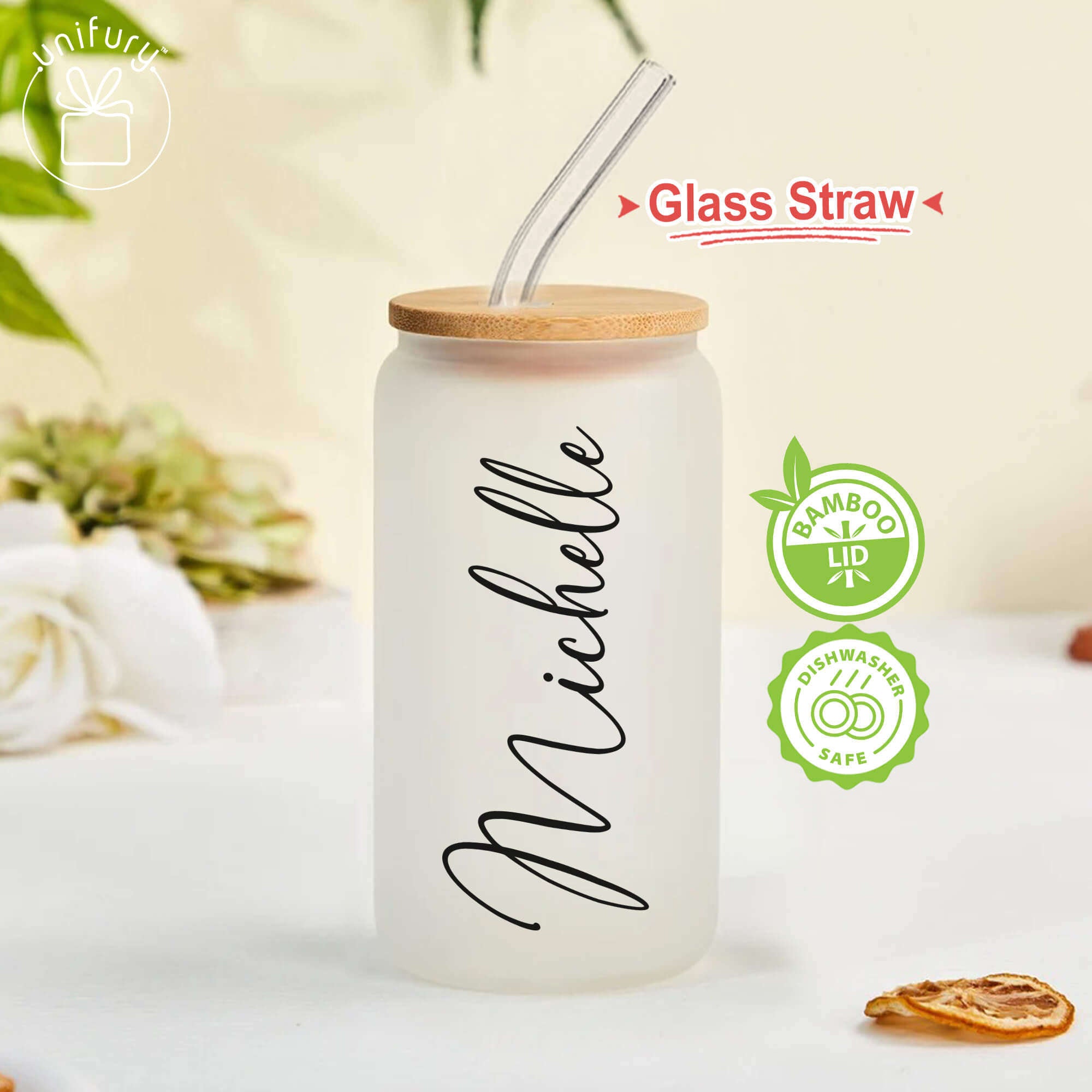 Personalised Glass Tumbler With Wooden Lid & Glass Straw 
